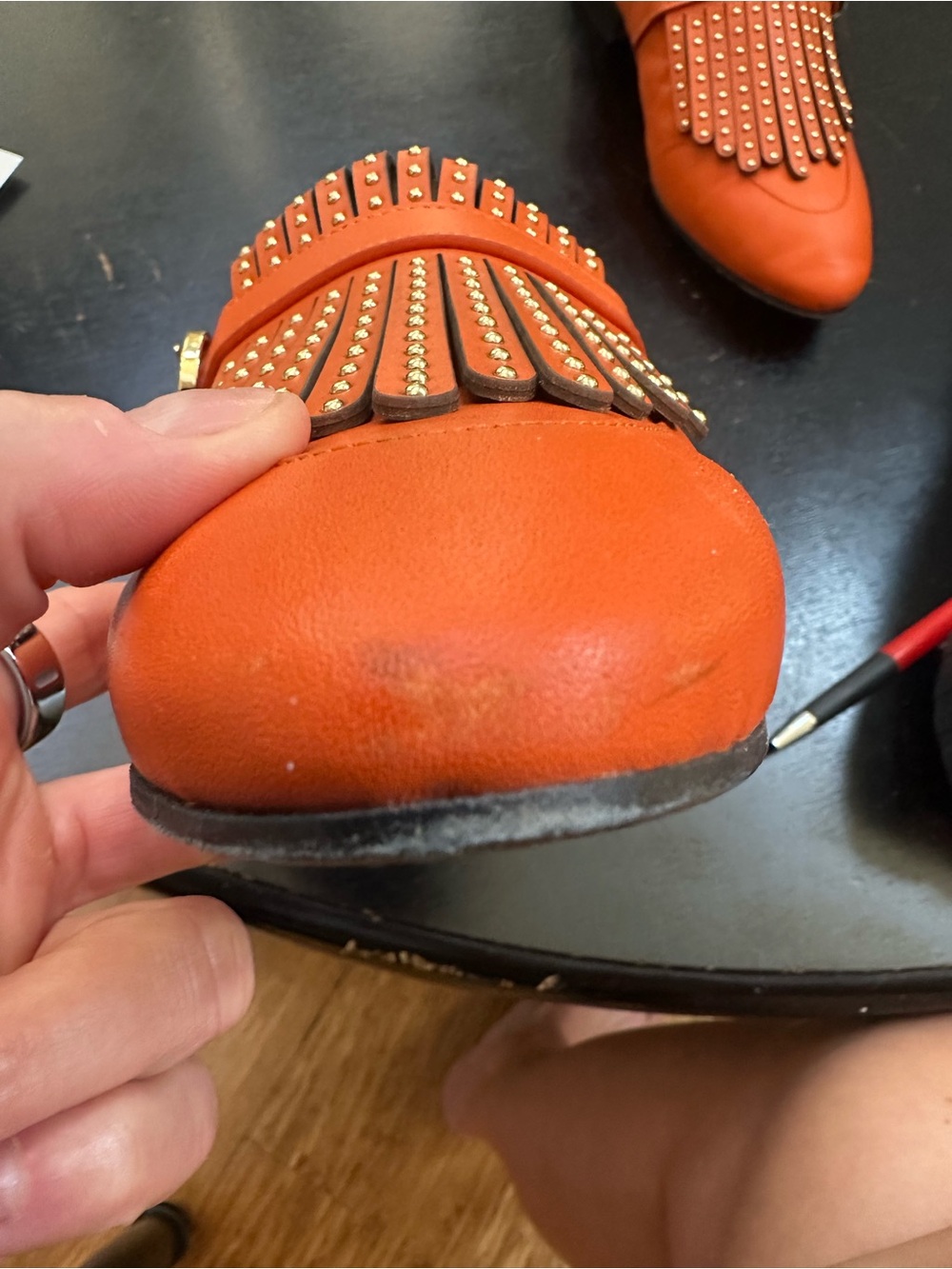 Office of Angela Scott - Women's Orange Studded Fringe Loafers - Picture 7 of 8